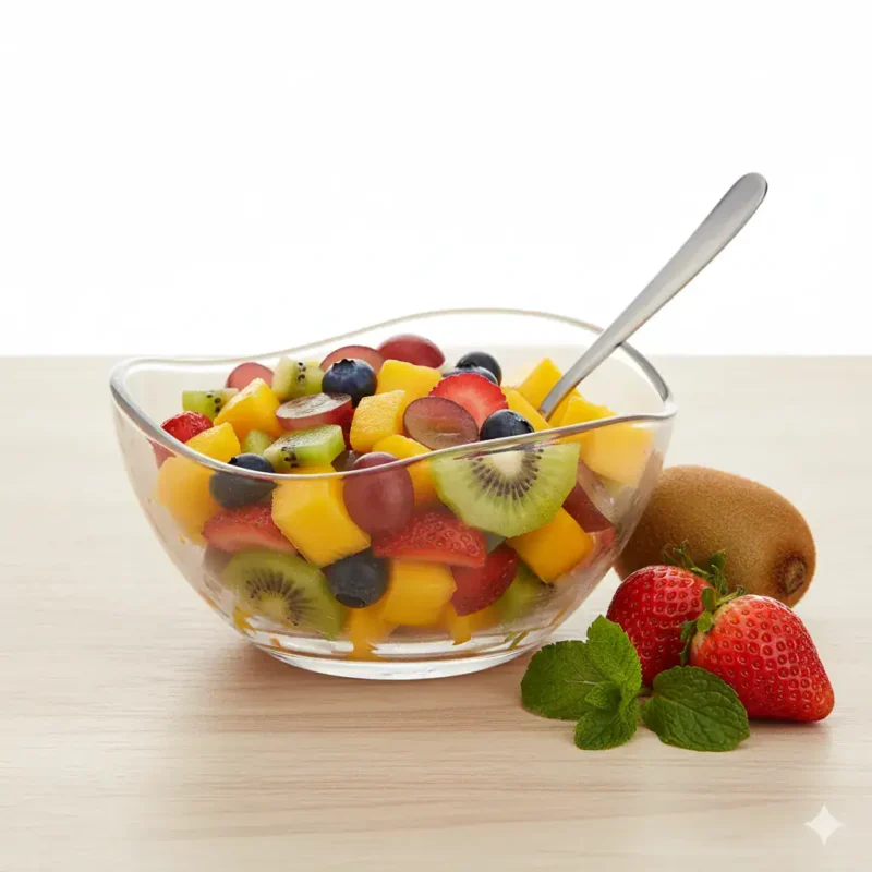 Lekka sałatka owocowa z kiwi, mango, truskawkami i winogronami w przezroczystej misce na jasnym tle.