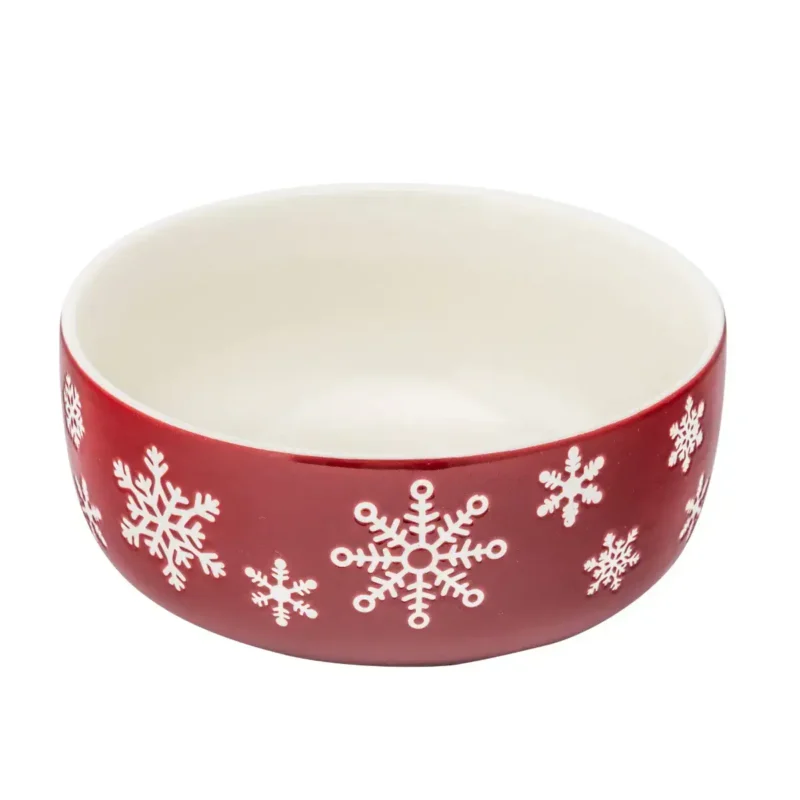 Ceramiczna miska świąteczna z motywem śnieżynki, czerwona i biała, idealna na Boże Narodzenie, dekoracyjny element w domowym zakątku Christmas kitchen bowl red and white snowflake design festive tableware.