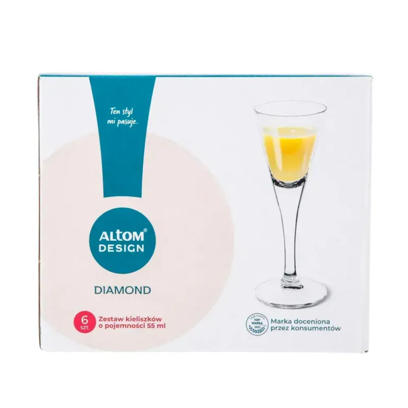 Drewniana szklanka do alkoholu Altom Design Diamond, eleganckie kryształowe kieliszki 55 ml, zestaw 6 sztuk, idealny na imprezy i okazje, wysokiej jakości szkło, nowoczesny design, markowe i trwałe.