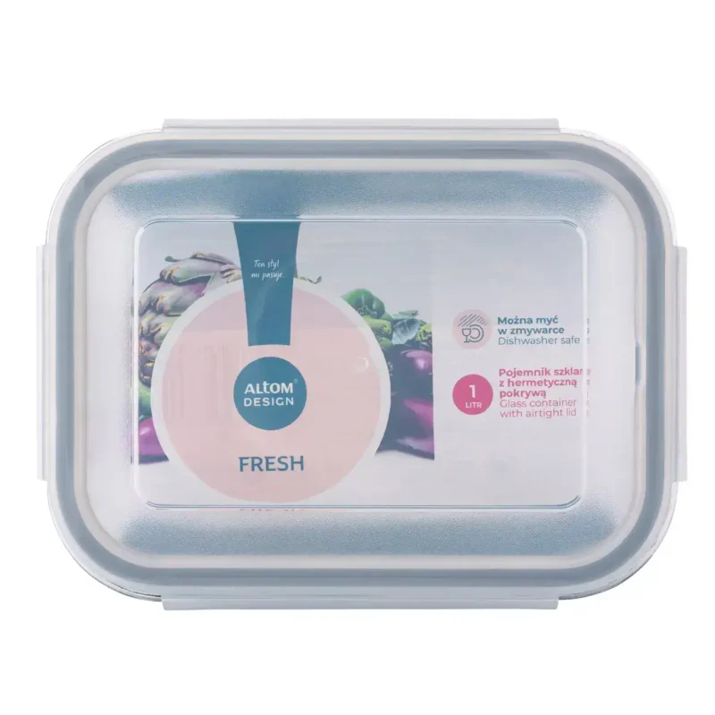 Alt text: Szklany pojemnik na żywność z hermetyczną pokrywą, idealny do przechowywania świeżych produktów w kuchni i lodówce.