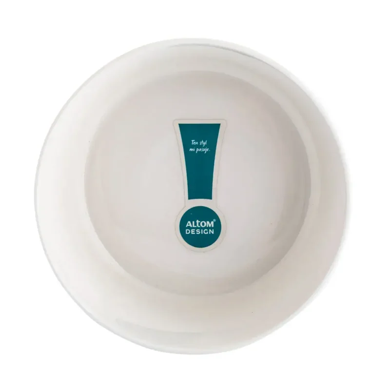 A perfectly round white ceramic bowl with a blue and white logo in the center, minimalistic design, functional kitchenware.