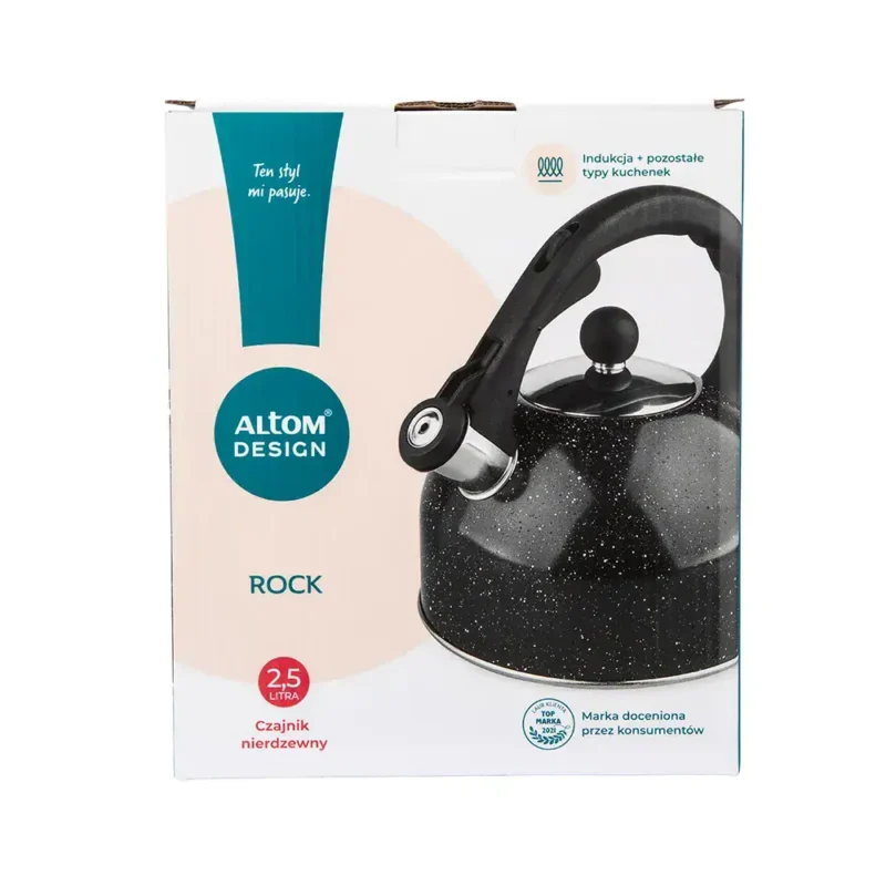 Elegancki czajnik elektryczny Altom Design Rock, 2,5 litra, czarny z gwiezdnym wzorem, wykonany ze stali nierdzewnej, idealny do nowoczesnej kuchni, szybkie gotowanie i atrakcyjny design.