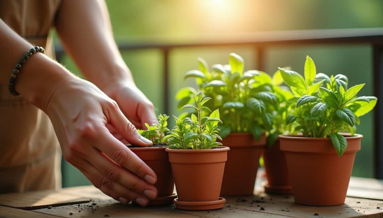 Sadzenie ziół w doniczkach na wiosennym balkonie
