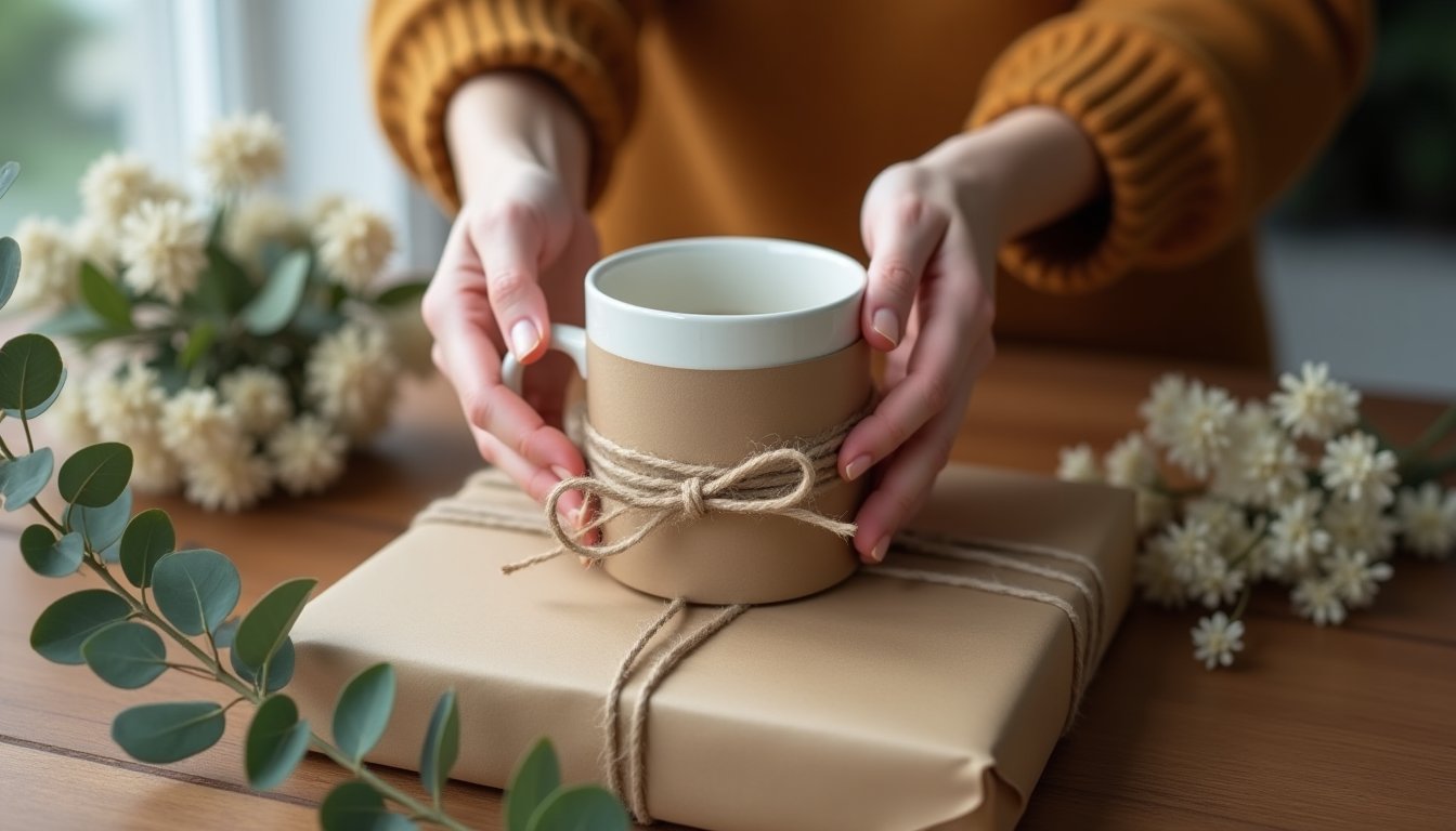 Pakowanie prezentu wielkanocnego - kubek ceramiczny w papier kraft