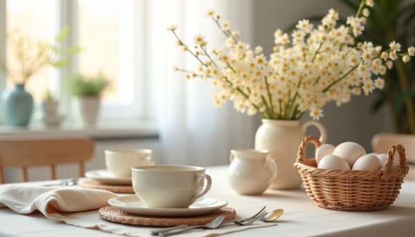 Przedmiotem zdjęcia jest elegancki stół kuchenny z ceramiką, szklankami, dzbankiem i koszykiem z jajkami, ozdobiony kwiatami w jasnej aranżacji wnętrza.