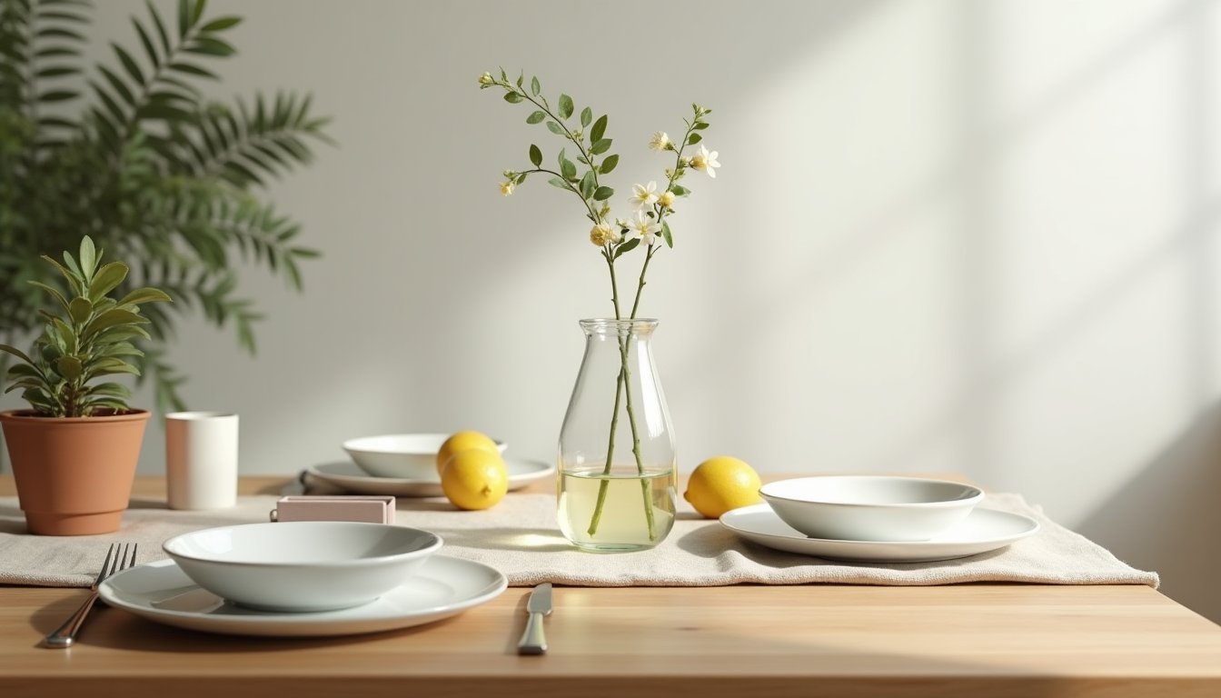Wiosenna dekoracja stołu z ceramiczną zastawą i świeżymi tulipanami