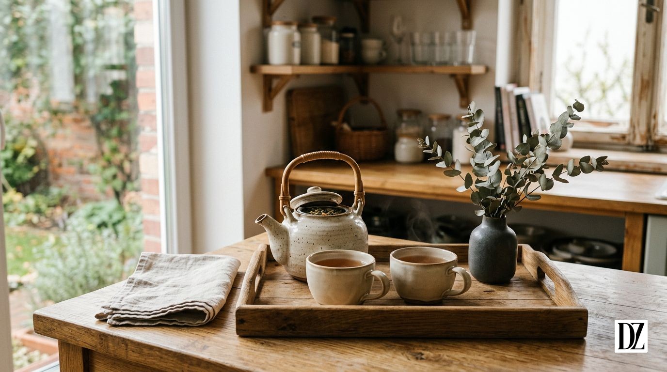 Prezent dla mamy — ceramiczny dzbanek z zaparzaczem na drewnianej tacy